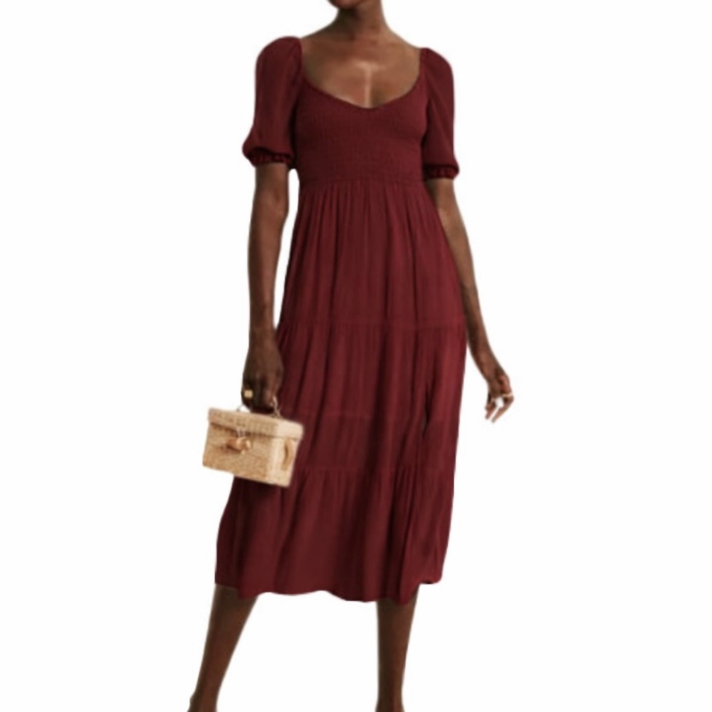 Abercrombie & Fitch Emerson puff sleeve midi dress burgundy. Medium tall